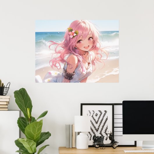 Schattig roze haired anime meisje op het strand poster (Thuiskantoor)