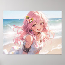 Schattig roze haired anime meisje op het strand