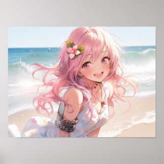 Schattig roze haired anime meisje op het strand poster