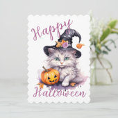 Schattig roze Halloween Verjaardagsfeestje Kitten  Kaart (Staand voorkant)