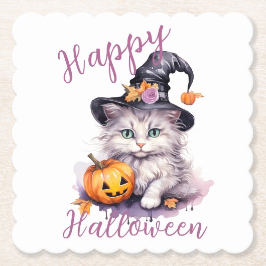 Schattig roze Halloween Verjaardagsfeestje Kitten  Kartonnen Onderzetters (Voorkant)