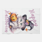 Schattig roze Halloween Verjaardagsfeestje Kitten  Theedoek (Horizontaal)