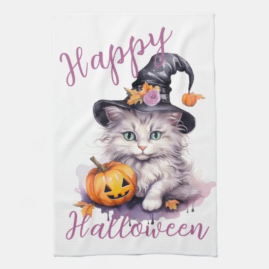 Schattig roze Halloween Verjaardagsfeestje Kitten  Theedoek (Verticaal)