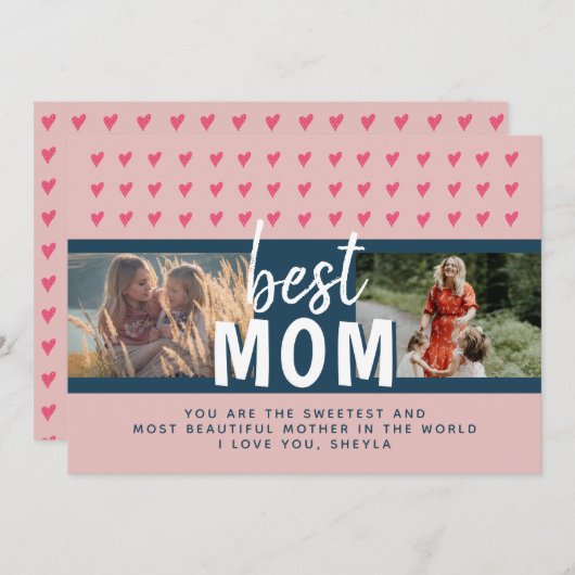 Schattig Roze Hart Beste Moeder 2 Foto's Moederdag Feestdagenkaart (Voorkant / Achterkant)