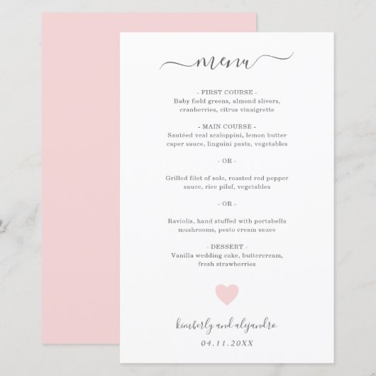 Schattig Roze Hart Eenvoudige Trouwmenu (Voorkant / Achterkant)