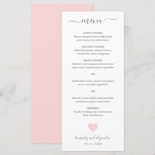 Schattig Roze Hart Trouwen Menu (Voorkant / Achterkant)