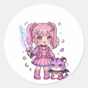 Schattig Roze Kawaii Duivelenjager Meisje met Magi Ronde Sticker