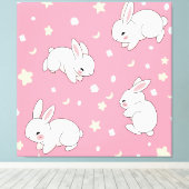 Schattig Roze Kawaii Konijn Doodle Canvas Afdruk (Insitu (Houten vloer))
