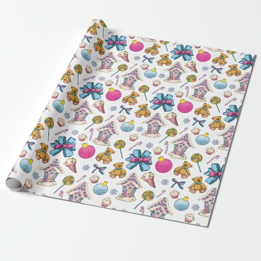 Schattig roze kerstpatroon cadeaupapier (Uitgerold)