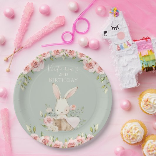 Schattig roze konijn 2 twee tweede groene verjaard papieren bordje (Feest)