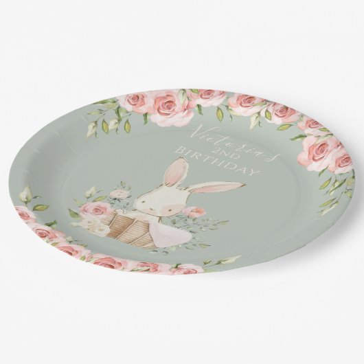 Schattig roze konijn 2 twee tweede groene verjaard papieren bordje (Gekanteld)