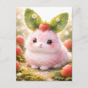 Schattig Roze Konijn Karakter met Aardbei Feestdagenkaart