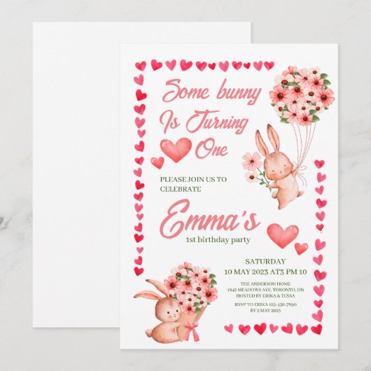 Schattig roze konijn Meisje 1e Verjaardagsfeest Kaart (Voorkant / Achterkant)