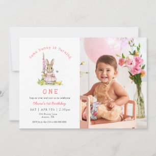 Schattig roze konijn voor babymeisje 1e verjaardag kaart