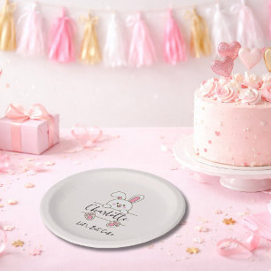 Schattig Roze Konijntje Meisje's Laten we Taart Et Papieren Bordje