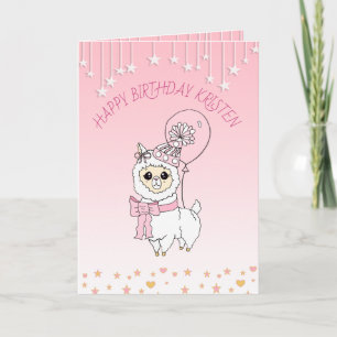 Schattig Roze Lama Meisje Persoonlijke Gelukkige V Kaart