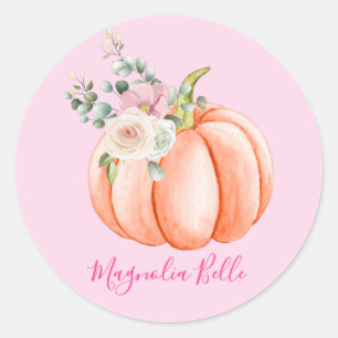Schattig Roze Lente Bloemig Klein Pompoen Naam Ronde Sticker