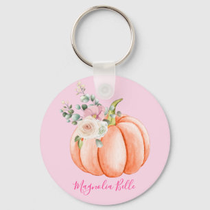 Schattig Roze Lente Bloemig Klein Pompoen Naam Sleutelhanger