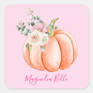 Schattig Roze Lente Bloemig Klein Pompoen Naam Vierkante Sticker