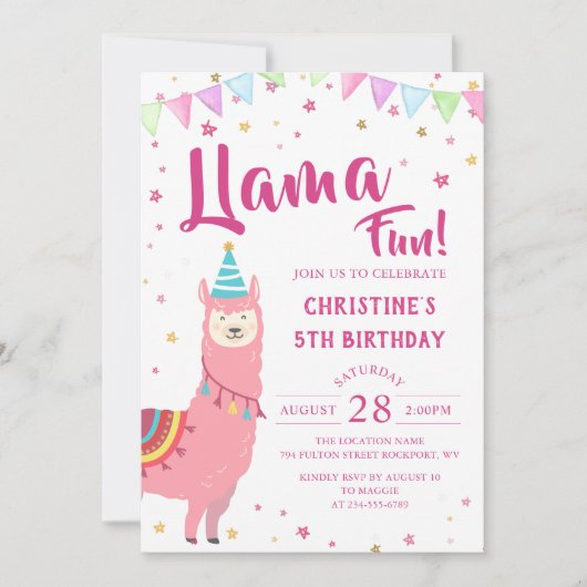 Schattig Roze Llama Fun Birthday Uitnodiging (Voorkant)