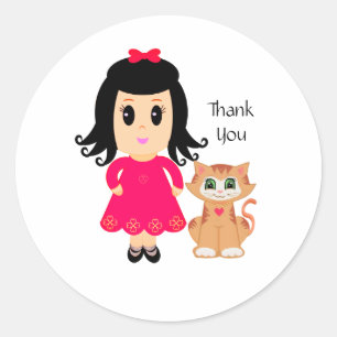 Schattig roze meisje en een rode kat Dank je Ronde Sticker