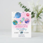 Schattig Roze Meisje Feest Astronaut Verjaardag Briefkaart (Staand voorkant)