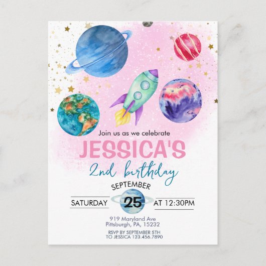 Schattig Roze Meisje Feest Astronaut Verjaardag Briefkaart (Voorkant)