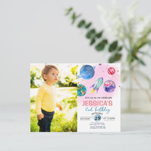 Schattig Roze Meisje Party Astronaut Verjaardag Ui Briefkaart (Staand voorkant)