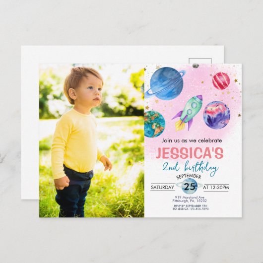 Schattig Roze Meisje Party Astronaut Verjaardag Ui Briefkaart (Voorkant / Achterkant)