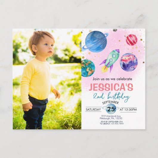 Schattig Roze Meisje Party Astronaut Verjaardag Ui Briefkaart (Voorkant)