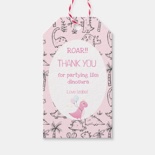 Schattig roze meisje roar dinosaurus verjaardagsfe cadeaulabel (Voorkant)