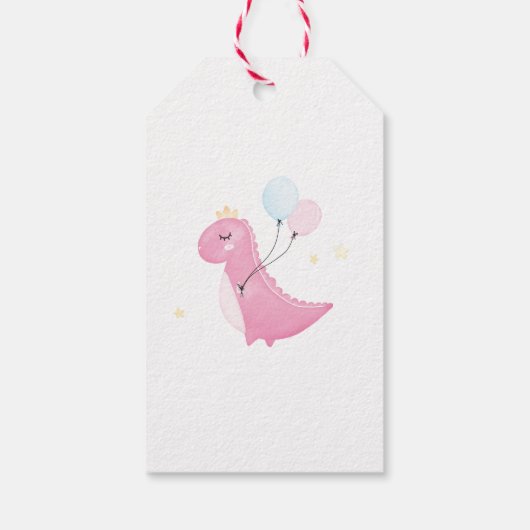 Schattig roze meisje roar dinosaurus verjaardagsfe cadeaulabel (Achterkant)