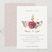 Schattig Roze Nep Goud Bloemachtig Eenhoorn Baby S Bedankkaart (Voorkant / Achterkant)