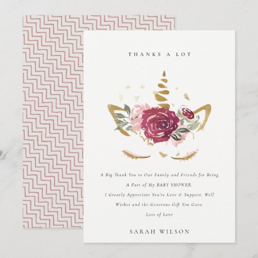 Schattig Roze Nep Goud Bloemachtig Eenhoorn Baby S Bedankkaart (Voorkant / Achterkant)