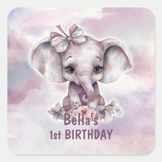 Schattig roze olifant 1e verjaardag partij envelop vierkante sticker (Voorkant)