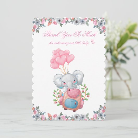 Schattig roze olifant Baby shower dank u kaart (Staand voorkant)