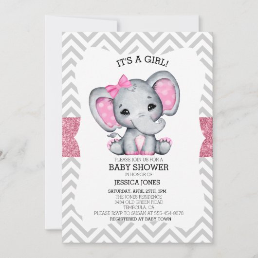 Schattig Roze olifant Chevron Glitter Baby shower Kaart (Voorkant)