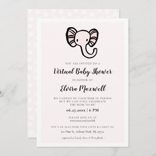 Schattig roze olifant Virtual Baby shower Kaart (Voorkant / Achterkant)
