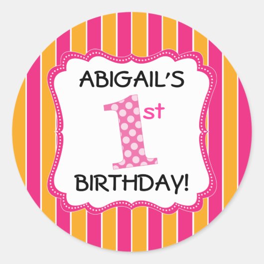Schattig Roze/Oranje Meisjes Eerste Verjaardag Ronde Sticker (Voorkant)