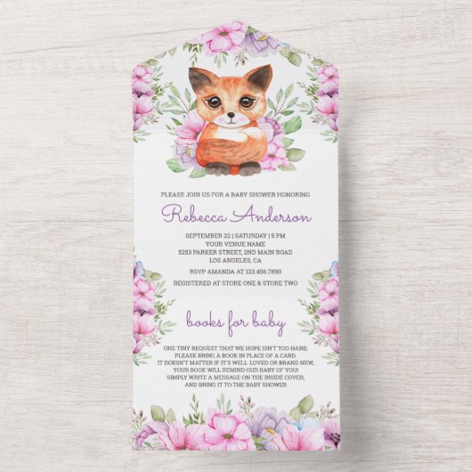 Schattig roze Paarse bloemenkitten Baby shower All In One Uitnodiging (Binnen)