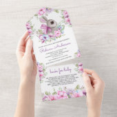 Schattig roze Paarse bloemenkonijntje Baby shower All In One Uitnodiging (Afscheurbaar)