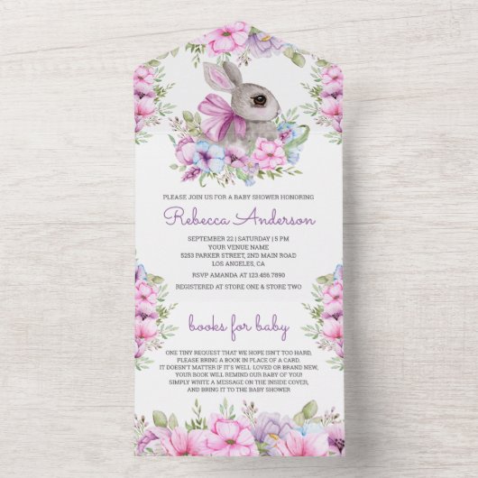 Schattig roze Paarse bloemenkonijntje Baby shower All In One Uitnodiging (Binnen)