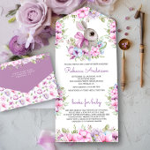 Schattig roze Paarse bloemenkonijntje Baby shower All In One Uitnodiging