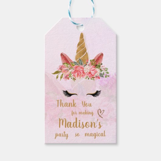 Schattig roze pastel bloemeneenhoorn verjaardagsfe cadeaulabel (Voorkant)