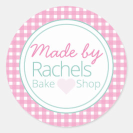 Schattig roze pastel gingham gemaakt door bakkerij ronde sticker
