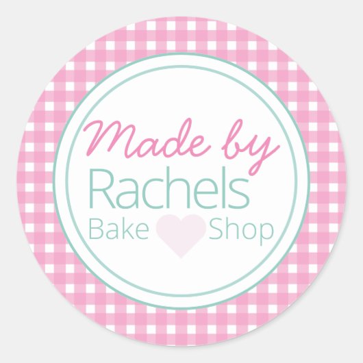 Schattig roze pastel gingham gemaakt door bakkerij ronde sticker (Voorkant)
