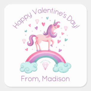 Schattig Roze Regenboog Eenhoorn Kinderen Klasloka Vierkante Sticker