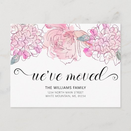 Schattig Roze Rose Hydrangea Waterverf Bloemen Bew Aankondigingskaart (Voorkant)