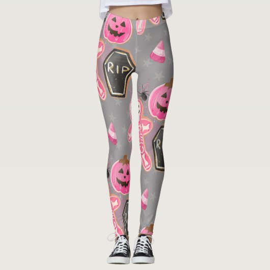 schattig roze skelet Halloween met snoep Leggings (Voorkant)