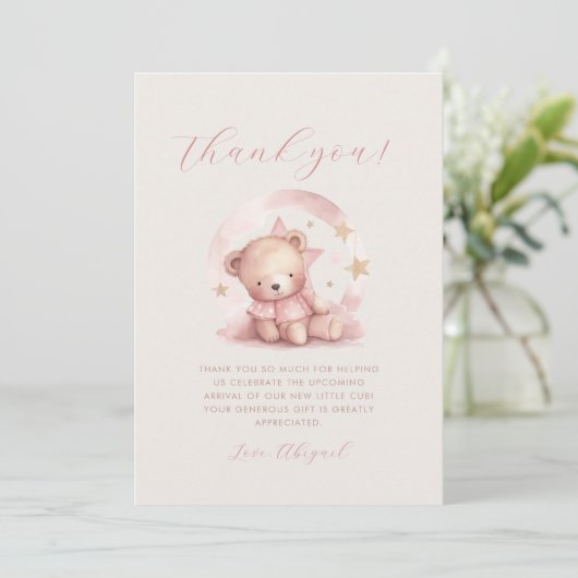 Schattig roze teddybeer Baby shower dank u Kaart (Staand voorkant)